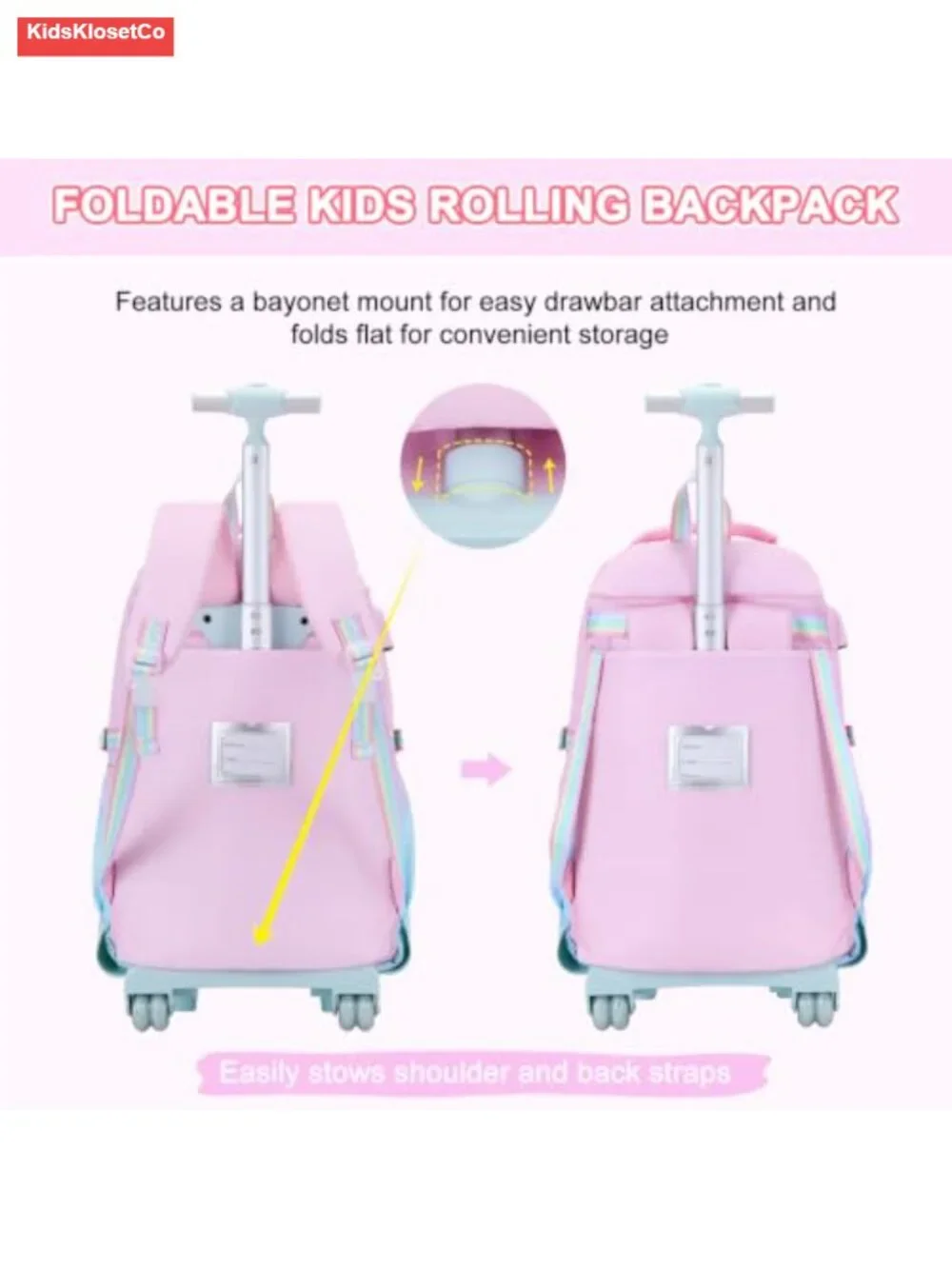 Rolling Backpack for Girls with Wheels, Laptop Compartment, USB Port, Lunch Bag